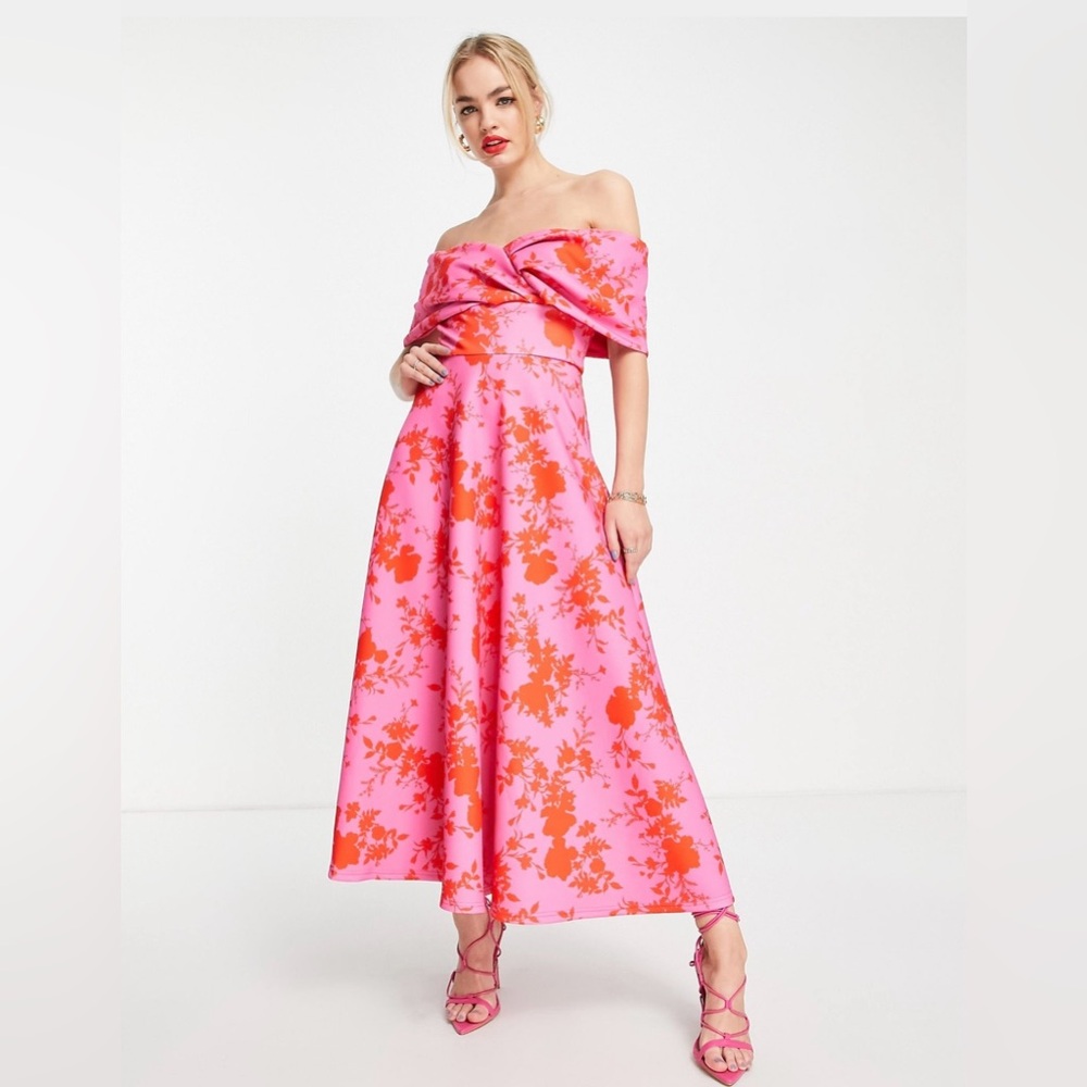 ASOS True Violet Floral Off Shoulder MIDI Dress